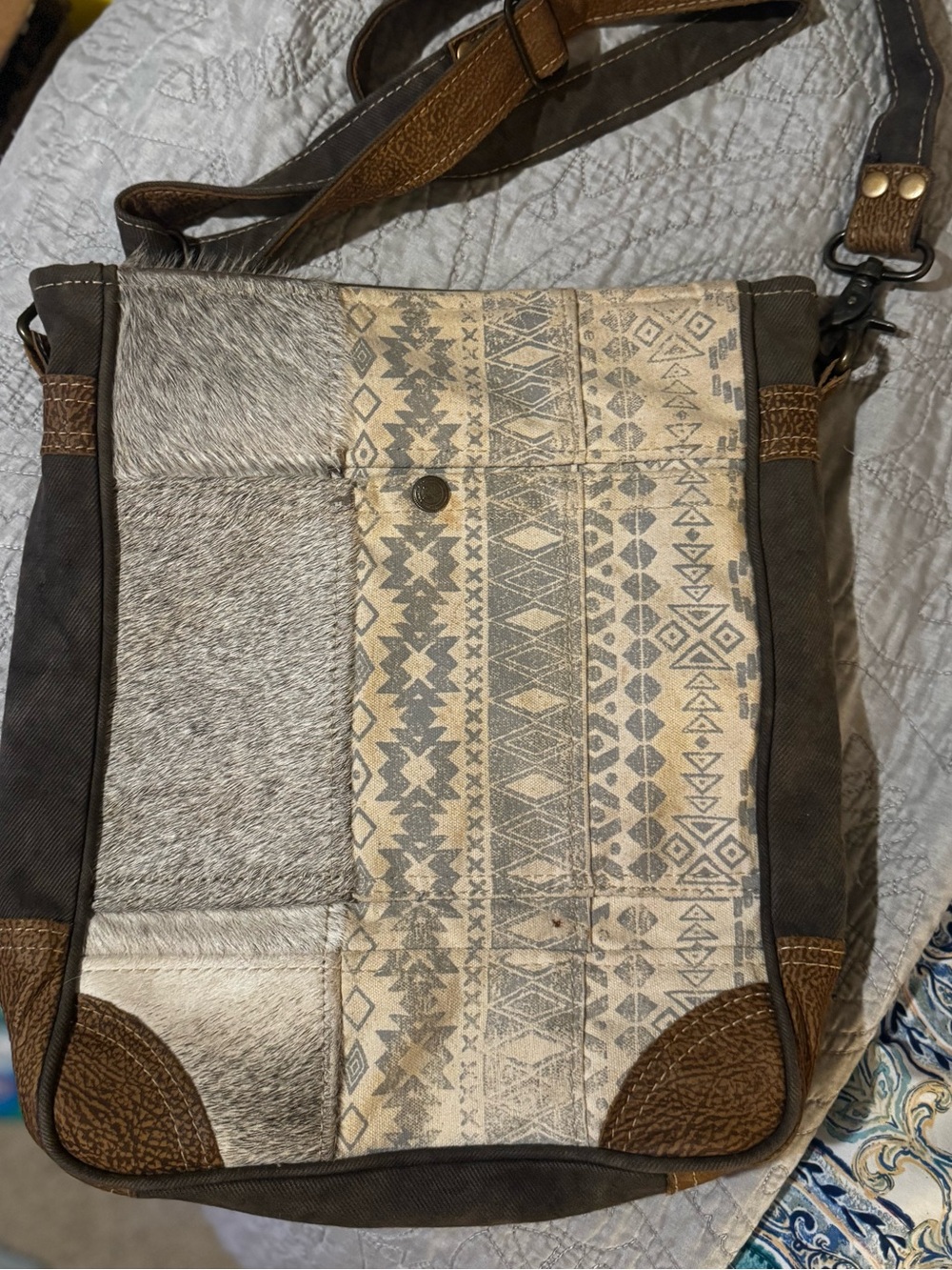 Myra Bag Brown and Gray Patterned Leather-Trim Messenger